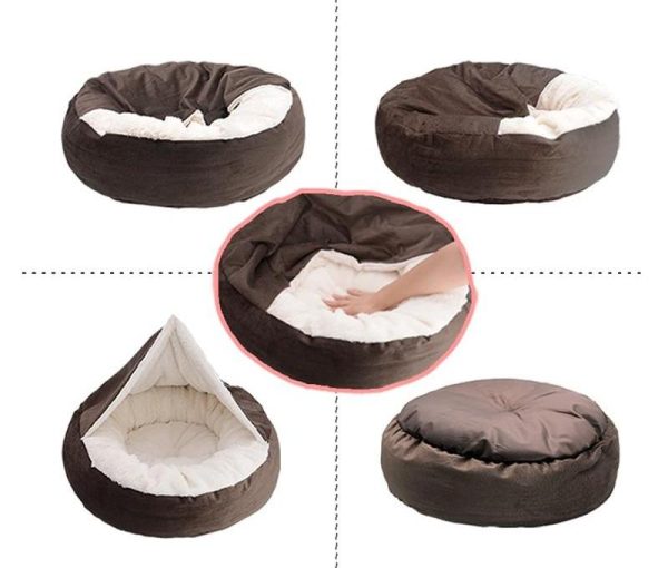 Soft Comfortable Round Pet Bed with Hooded Blanket